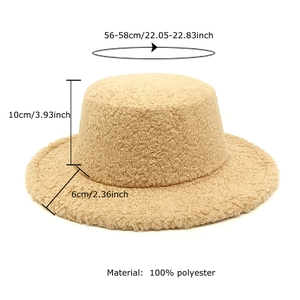 Beige faux shearling bucket hat for women showing size dimensions of 56-58cm circumference