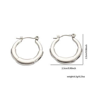 Detail view of silver stainless steel hoop earrings with size measurements and weight info