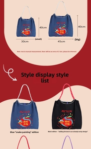 Detailed size guide showing small and large tote bag dimensions with embroidered motifs