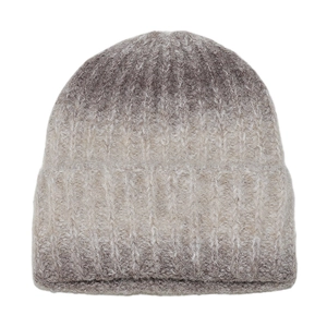 Close-up of chunky ribbed knit beanie with gradient ombre colors and fuzzy texture