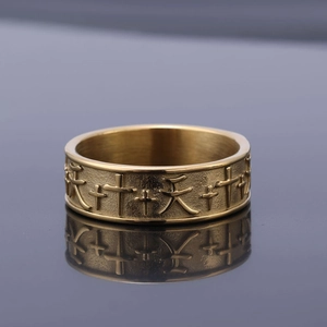 Golden stainless steel cross and Chinese Tian character embossed ring with mirror reflection