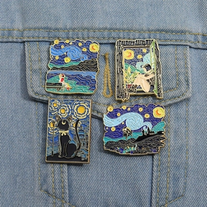 Artistic Van Gogh Starry Night enamel pins set featuring Luna cat on blue denim fabric