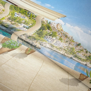 Detail shot of scenic tapestry with coastal town print and matte textured surface