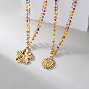 18K Gold Plated Stainless Steel Double Layer Beads Necklace For Women Colorful Beaded Flower Sun Pendant Clavicle Chain Jewelry