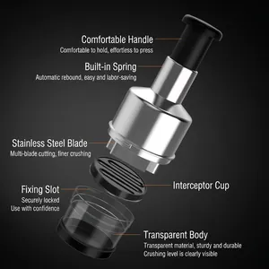 Manual garlic press mincer with stainless steel blades and exploded view of parts