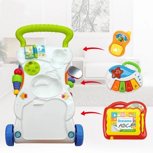 Multifunctional baby walker with music toys and drawing board showing assembly components
