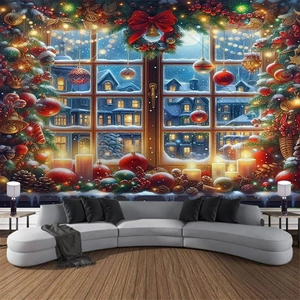 Christmas tapestry featuring a cozy winter window scene with candles and ornaments