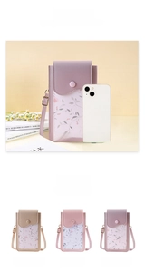 Touchscreen phone bag size comparison with floral patterns and adjustable straps