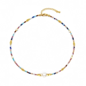 Colorful natural stone beaded necklace featuring a central pearl and gold-plated clasp