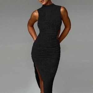 Elegant black high-neck sleeveless maxi dress with textured fabric and side slit detail