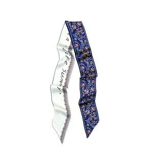 Floral print long skinny silk scarf with Like Sunny typography and navy botanical pattern