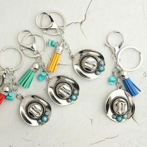 Bohemian Western Cowboy Hat Keychain Colorful Tassel Alloy Pendant Artificial Turquoise Bead Ethnic Bag Hanging Accessory Gift