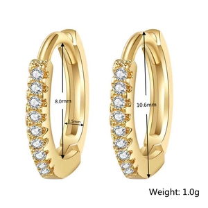Detail view of gold zircon hoop earrings with 8.0mm inner diameter and 10.6mm outer size
