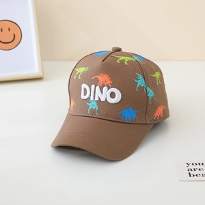 Detail of kids brown baseball cap with 3D DINO embroidery and colorful dinosaur patterns