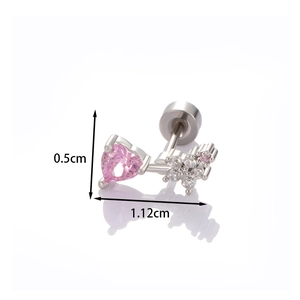 Pink heart and flower zircon stud earring with 0.5cm and 1.12cm size dimensions