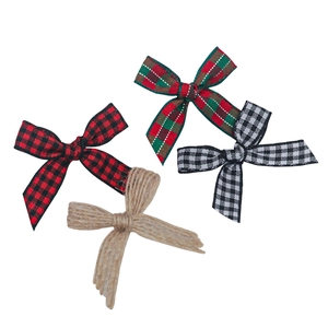 Plaid ribbon bows and burlap knot set for DIY Christmas gift wrapping and home decor