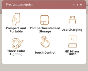 Detailed view of LED cosmetic box featuring USB charging and three-color light touch control