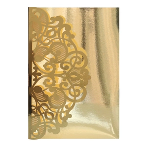Detail showing laser-cut lace pattern on metallic gold invitation card envelope