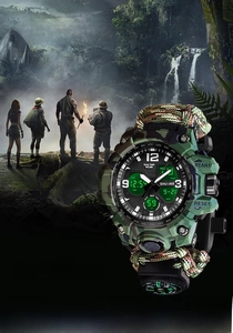 Macro shot of outdoor survival watch featuring 23-in-1 functions and a paracord band