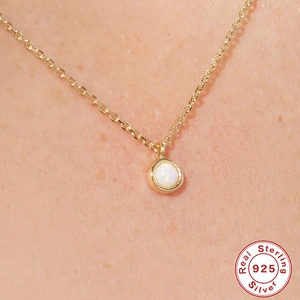 Elegant S925 sterling silver gold necklace with round white opal pendant for women