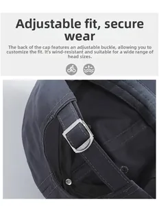Detail of adjustable silver metal buckle on quick-dry dark grey baseball cap