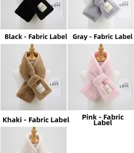 Detailed view of plush faux fur scarves in various colors with a woven label feature