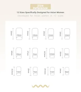 Detailed size chart for press on nails showing 12 different length and width measurements