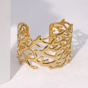 Vintage irregular hollow coral texture wide open cuff bracelet in gold stainless steel