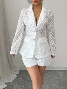 Elegant white hollow lace blazer and shorts two-piece suit set for women formal wear