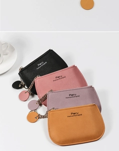Litchi pattern leather coin purses in four colors with metal chain and round tags