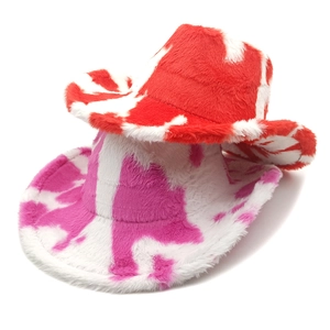 Cappello da cowboy con stampa mucca in morbido peluche rosso e rosa per donna moda