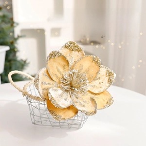 Champagne gold artificial Christmas flower with glitter edges in a white iron basket