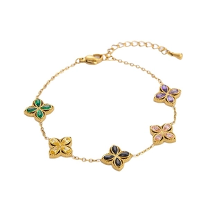 Elegant 18k gold plated stainless steel clover bracelet with vibrant multi-color gemstones