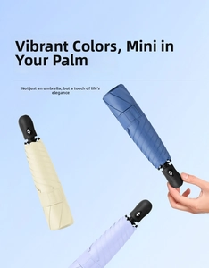 Mini folding umbrella in blue, beige, and purple colors with an automatic handle design