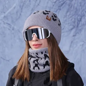 Winter thermal knit hat and scarf set in grey with black spot pattern for women