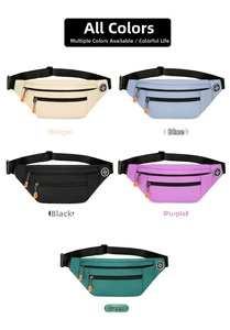 Multi-compartment oxford fabric waist bags in beige, blue, black, purple, and green colors