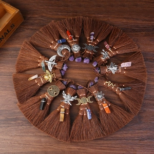 Mini Witch Broom Ornament Natural Amethyst Crystal Palm Fiber Wicca Altar Decor Handmade Mystical Car Hanging Pendant