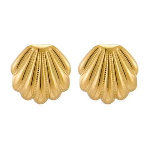 Detailed macro view of gold-plated fan-shaped earrings with fine vertical textures