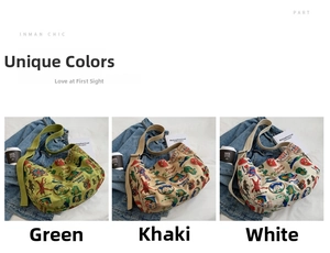 Detailed comparison of canvas crossbody bags in green, khaki, and white vintage prints