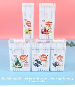 Detailed set of dual-tip marker pens in transparent handle boxes from 12 to 48 colors