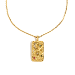 Gold-plated 18K stainless steel square pendant necklace with celestial star and moon motifs