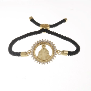 Adjustable black cord bracelet with a gold Virgin Mary pendant and CZ crystal halo