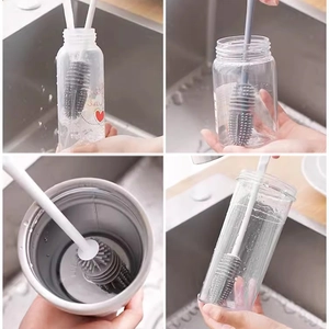 Silicone cup brush with long handle cleaning plastic bottles and glass jars
