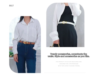 Styling guide for slim women's belt with gold oval buckle in brown and white