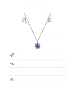 Detail of S925 sterling silver Scorpio necklace with purple gemstone and pendant parameters