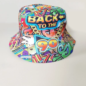 Detailed close-up of a 90s retro graffiti reversible bucket hat with vibrant prints