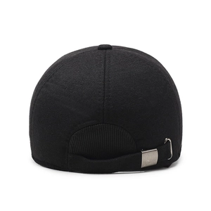 Rear view of black winter baseball cap with adjustable metal buckle and ear protection