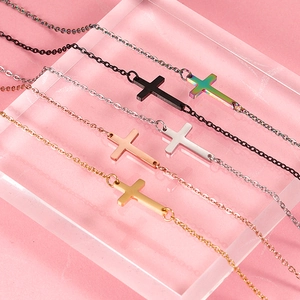 Polished stainless steel horizontal cross necklaces in gold, silver, rose gold, and black