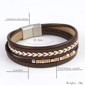Men's vintage braided leather bracelet with stainless steel magnetic clasp and beads