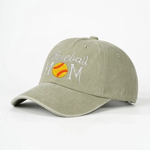 Detail of Baseball MOM embroidery with baseball icon on washed cotton green cap